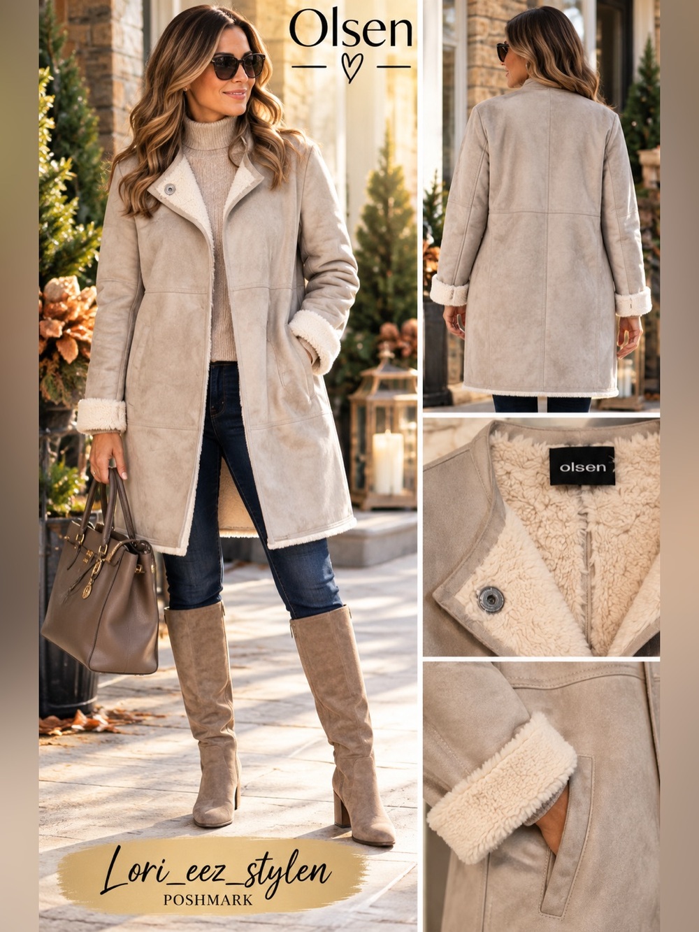 Olsen Taupe Faux-Suede Teddy-Lined Coat
